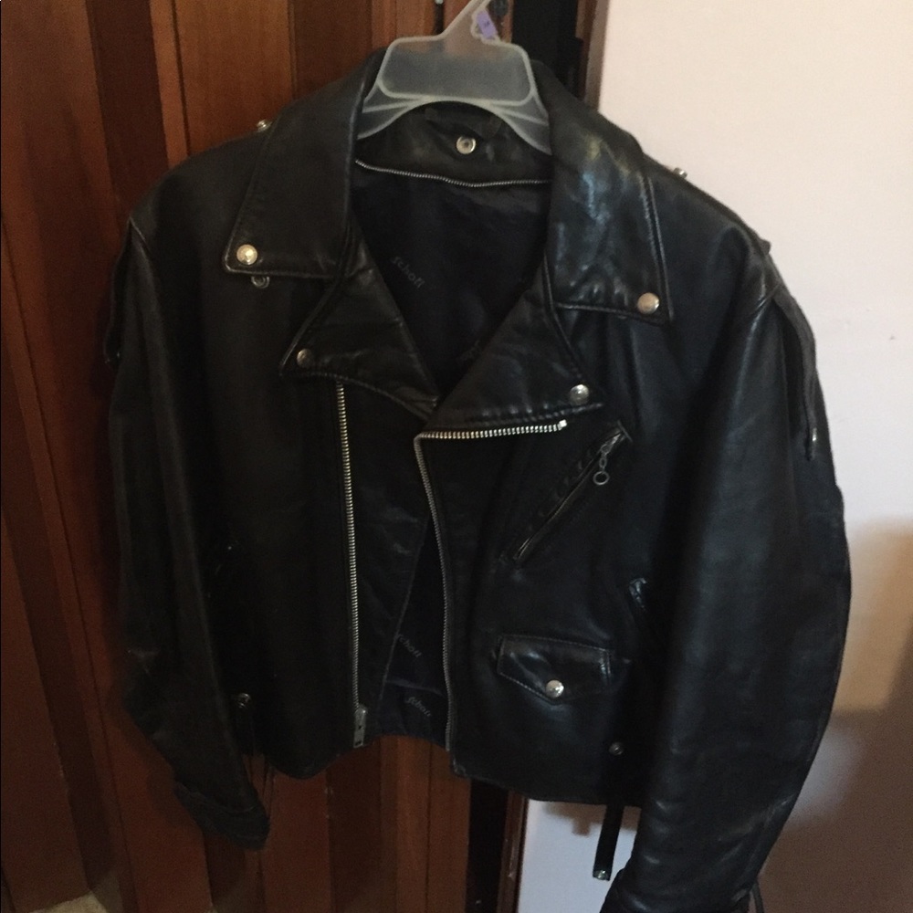 Black leather motorcycle jacket.