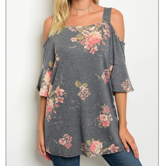 Charcoal Floral Cold Shoulder Top - Picture 2 of 5