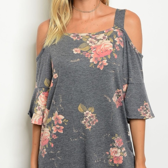 Charcoal Floral Cold Shoulder Top - Picture 3 of 5