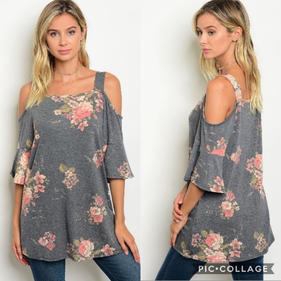 Tops - Charcoal Floral Cold Shoulder Top