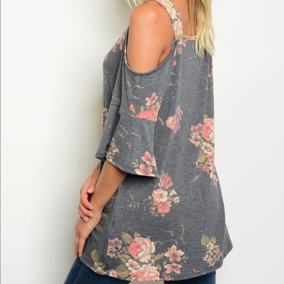 Charcoal Floral Cold Shoulder Top - Picture 5 of 5