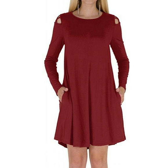 ️❗️FINAL PRICE❗️NEW  Burgandy  Swing Dress w/Pocke - Picture 4 of 7