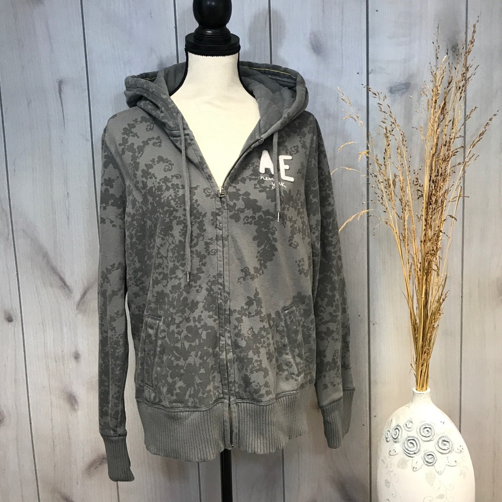 AEO Gray Floral Full Zip Hooded Fleece Jacket XL