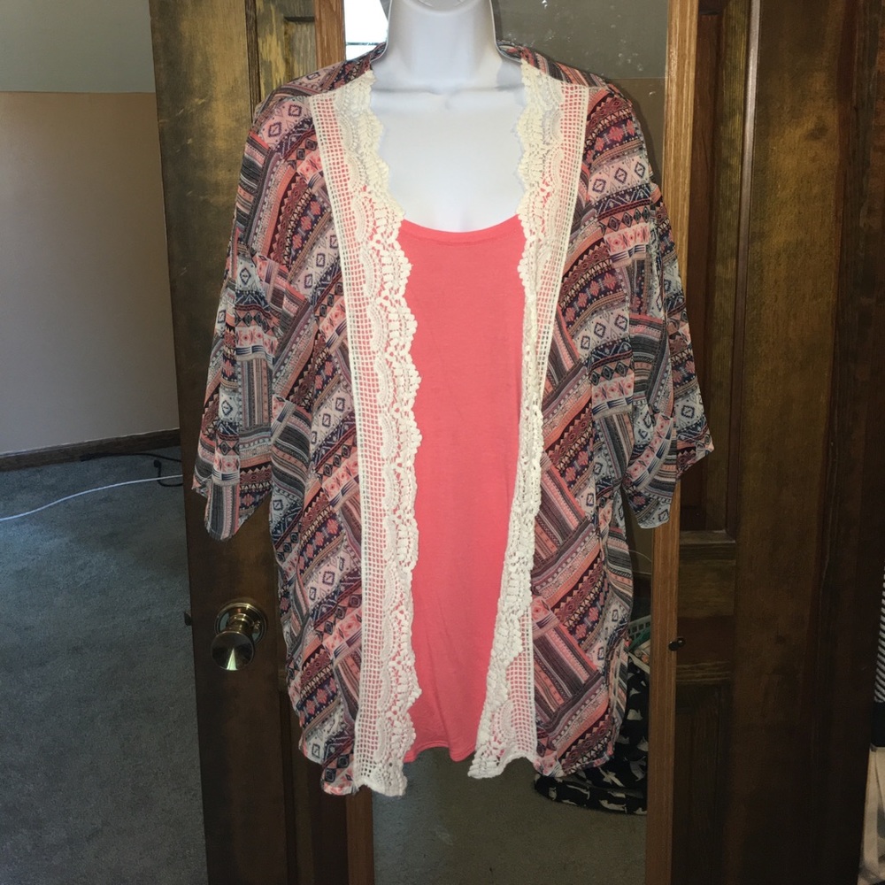 Two piece Kimono and coral tee shirt combo