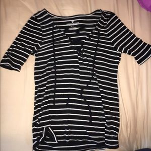 Black and white striped v-neck shirt