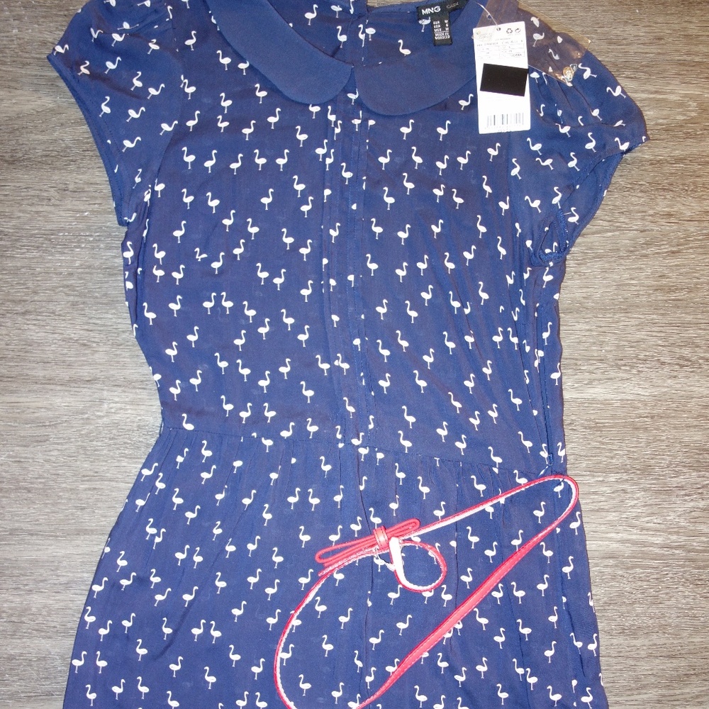 Navy Blue Flamingo Print Dress