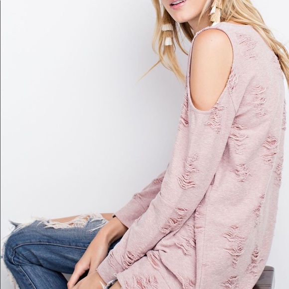 1SMALL ONLY Distressed Cold Shoulder- RED BEAN - Picture 6 of 6