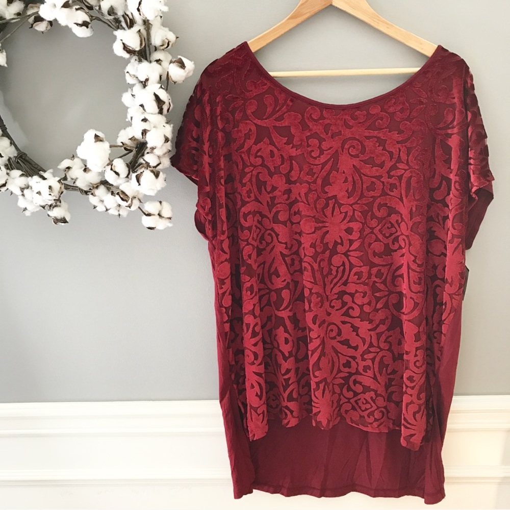 NWOT Plus Size Crimson Velvet Burnout Top - Picture 1 of 5