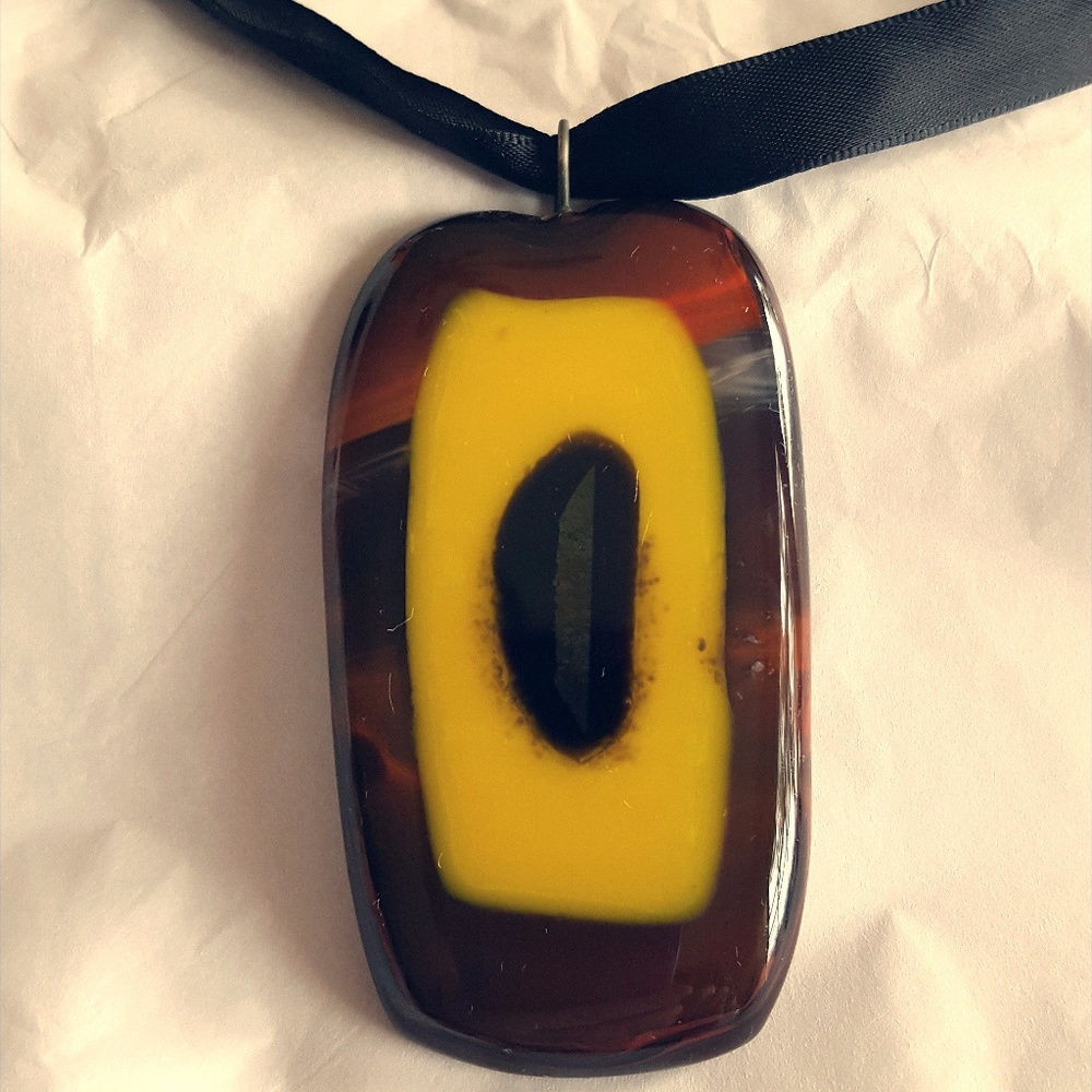 Fused glass pendant with black ribbom
