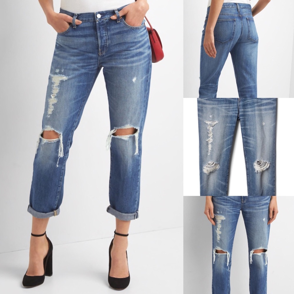 Gap Mid rise destructed relaxed boyfriend jeans