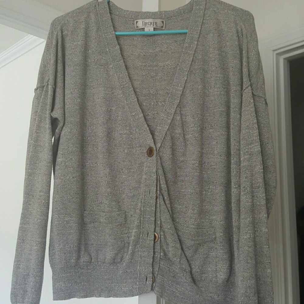 Grey cardigan.