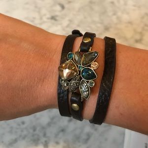 Leather wrap bracelet with jeweled pendent