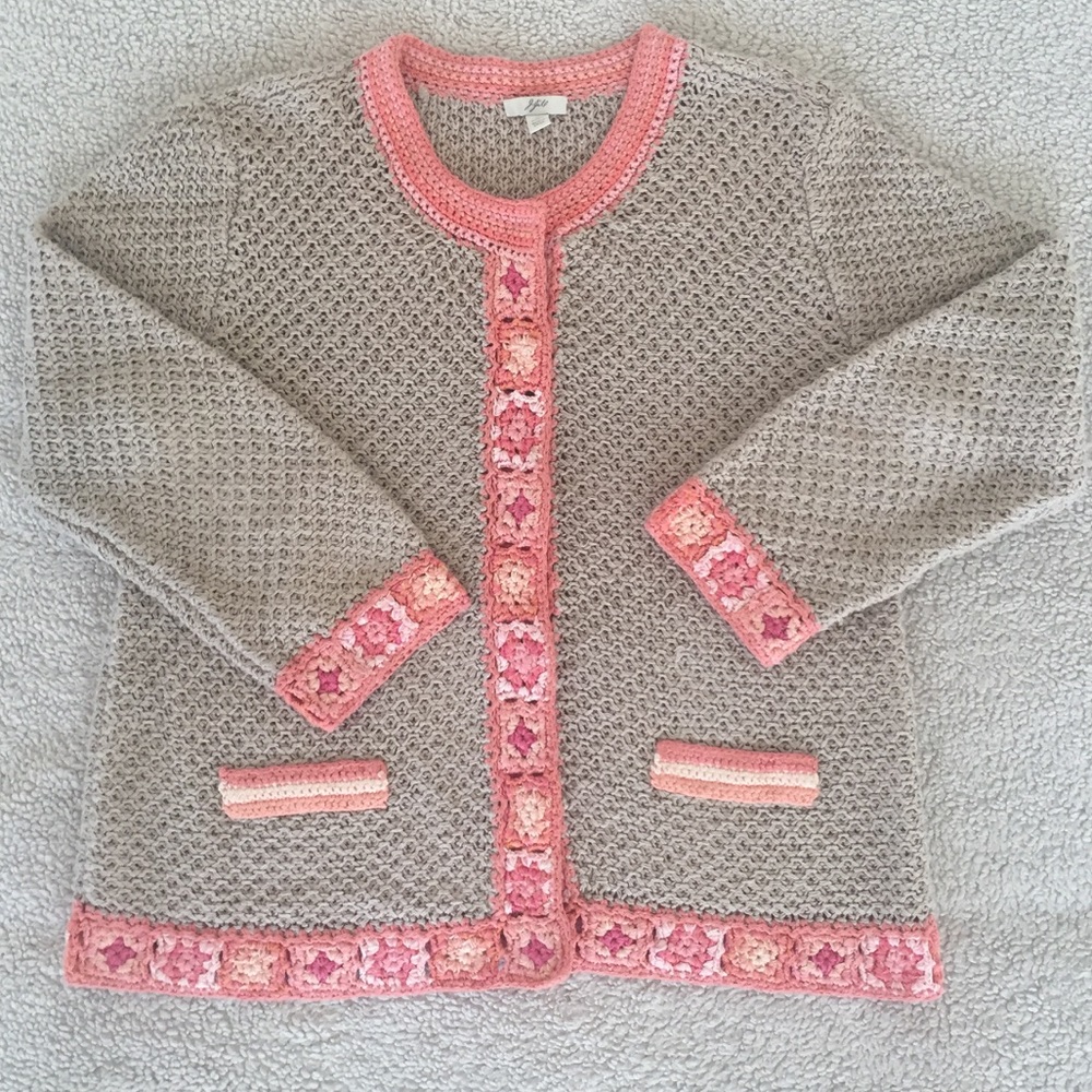 J Jill Woven Crochet Sweater Sz M Beige Coral