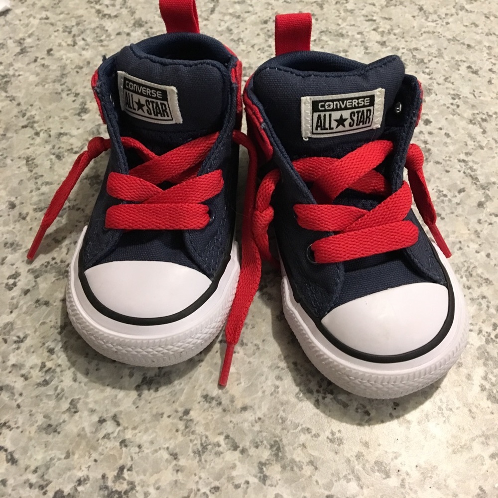 Red navy blue high top converse