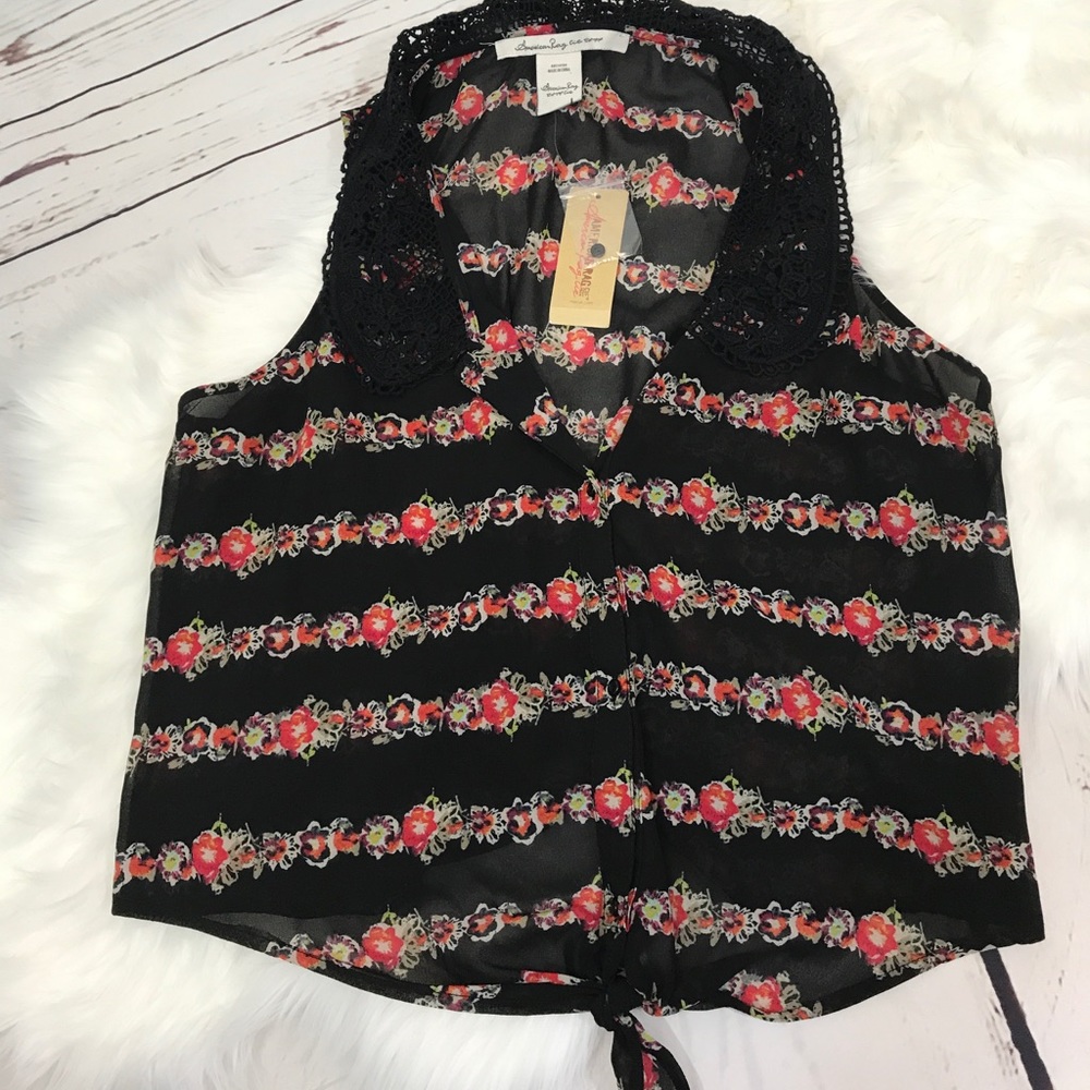 NWT American Rag Cie black floral tie top large