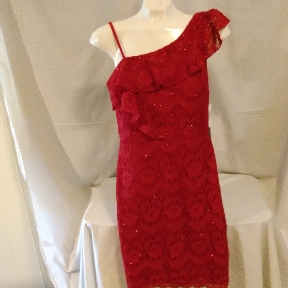 Red Shiney Glitter Dress One Shoulder Size 5