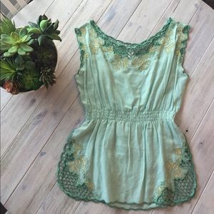 Teal crocheted/embroidered boho top