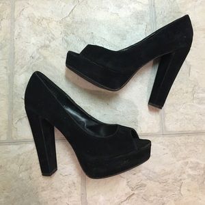 Black platform peep toe heels