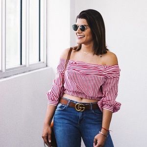 Off the shoulder red stripe top