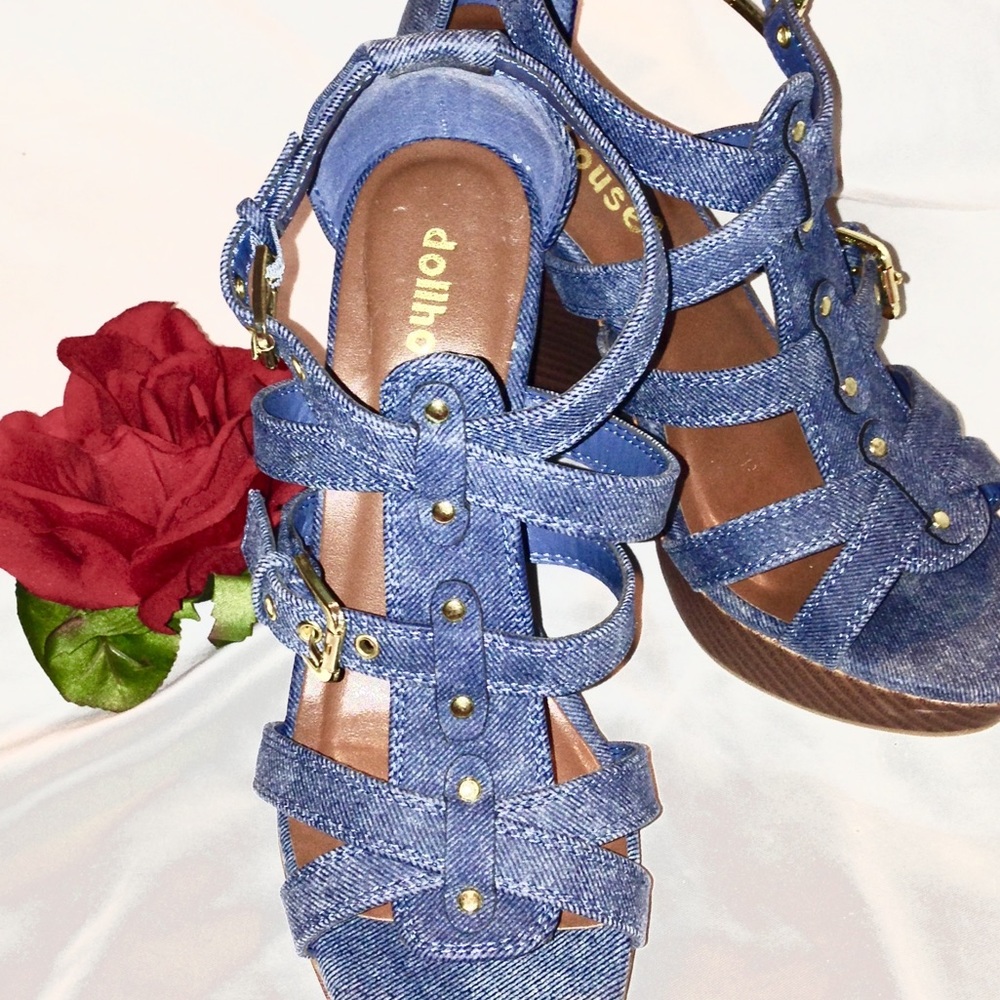 Brand new, stylish blue jean wedged hill sandals
