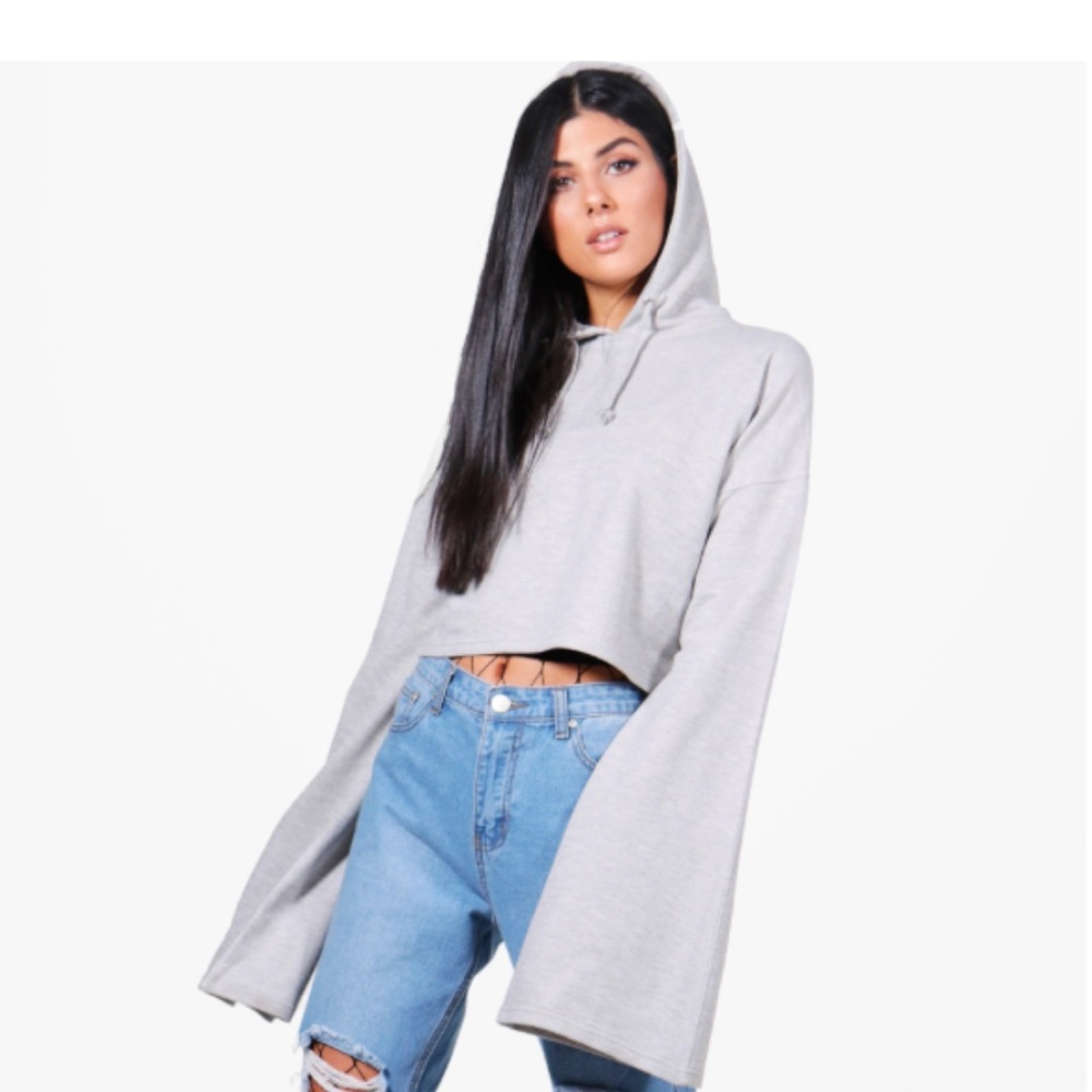 Gray, Cropped, Bell Sleeve Hoodie