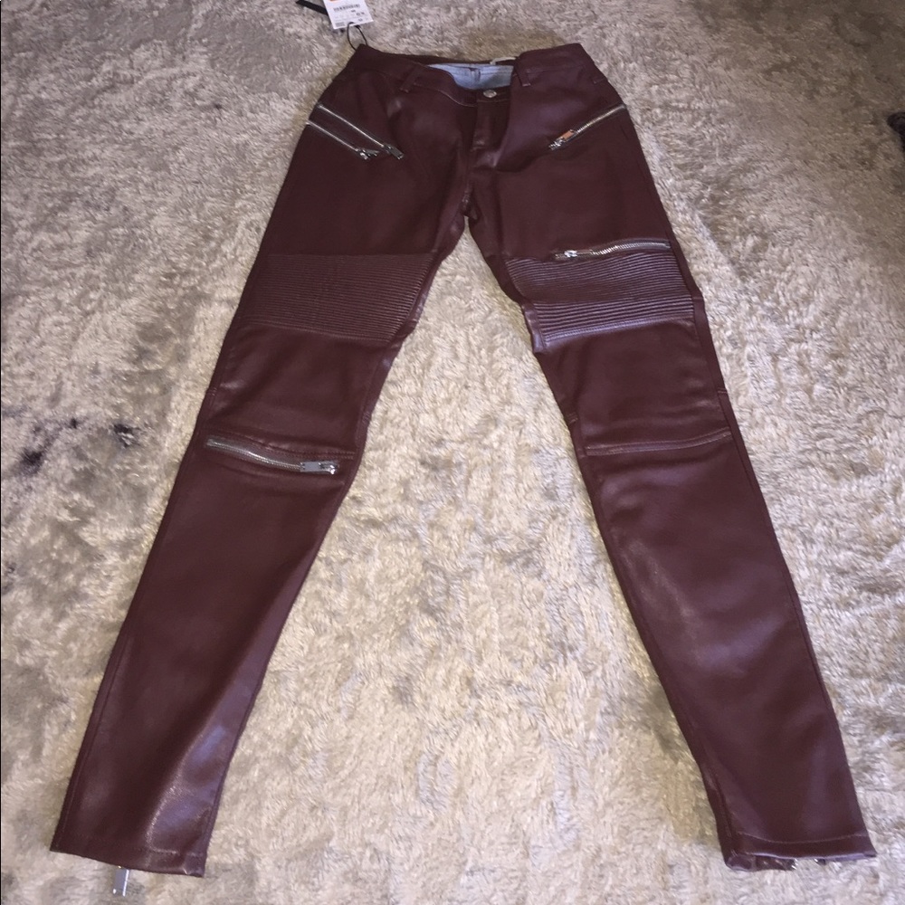 Burgundy leather skinny jeans