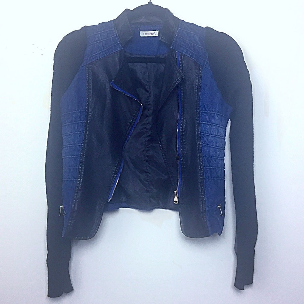Leather/Denim Moto Jacket w/ Cable Knit Sleeves