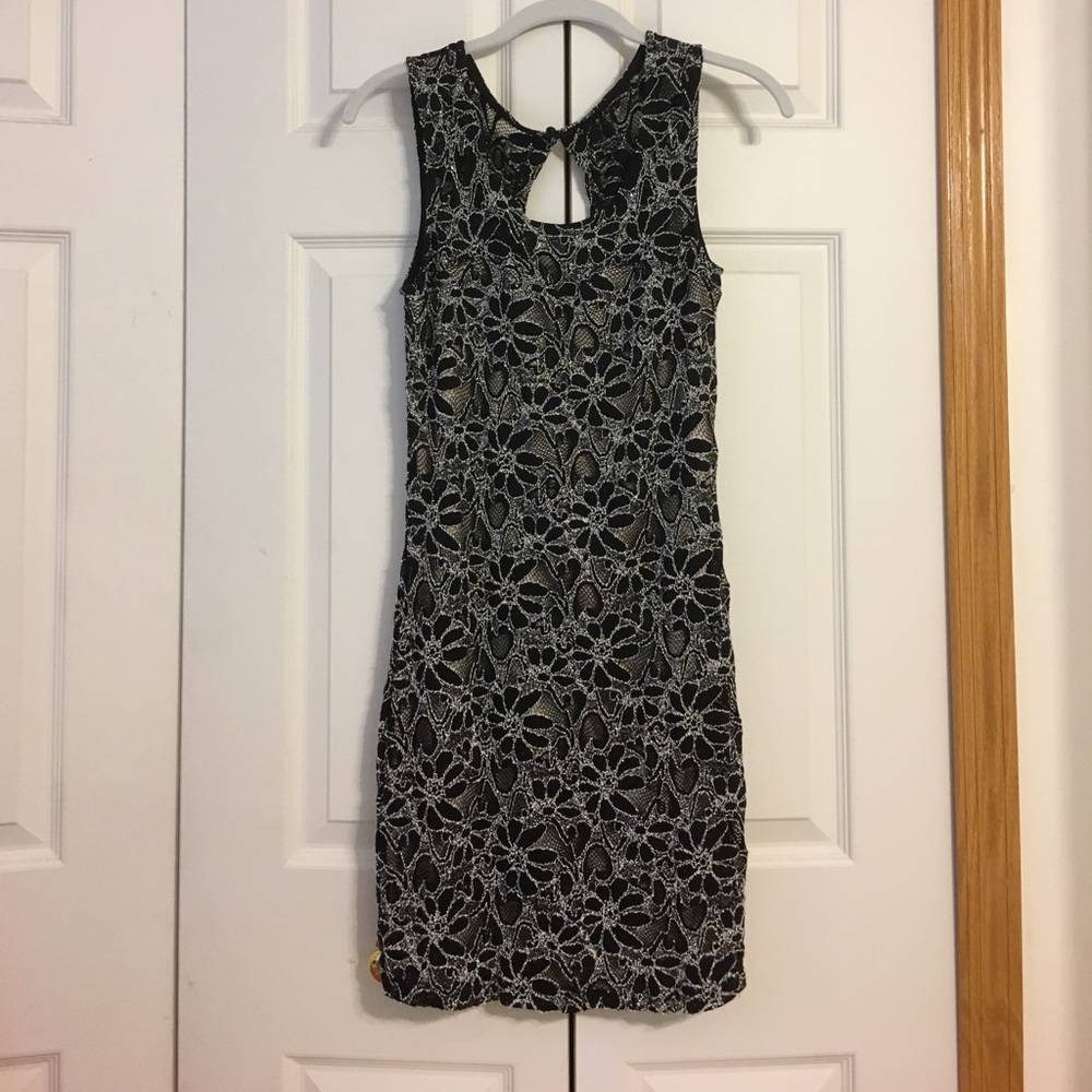 Black and beige, layered body con dress