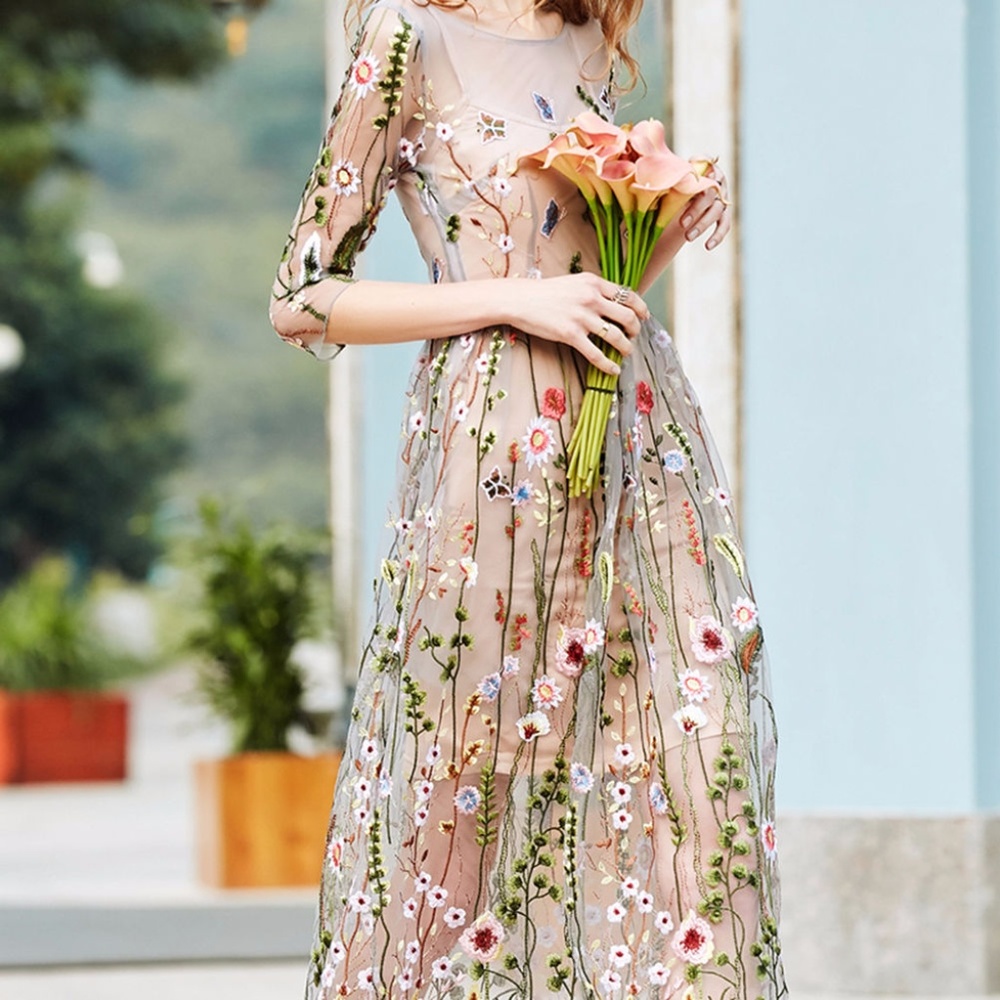 Hard To Find Boho Sheer Floral Embroidered Dress