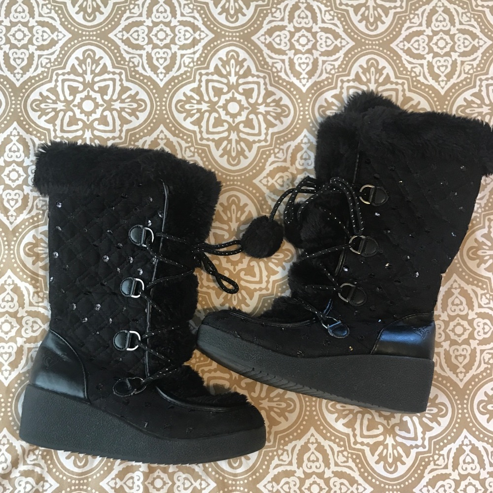Girls Justice Black & Sequence Wedge Tall Boots 5!