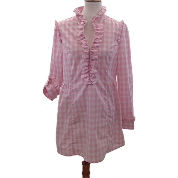 LAL Pink/White Gingham Dress/Tunic w/Ruffle Front - Picture 2 of 8