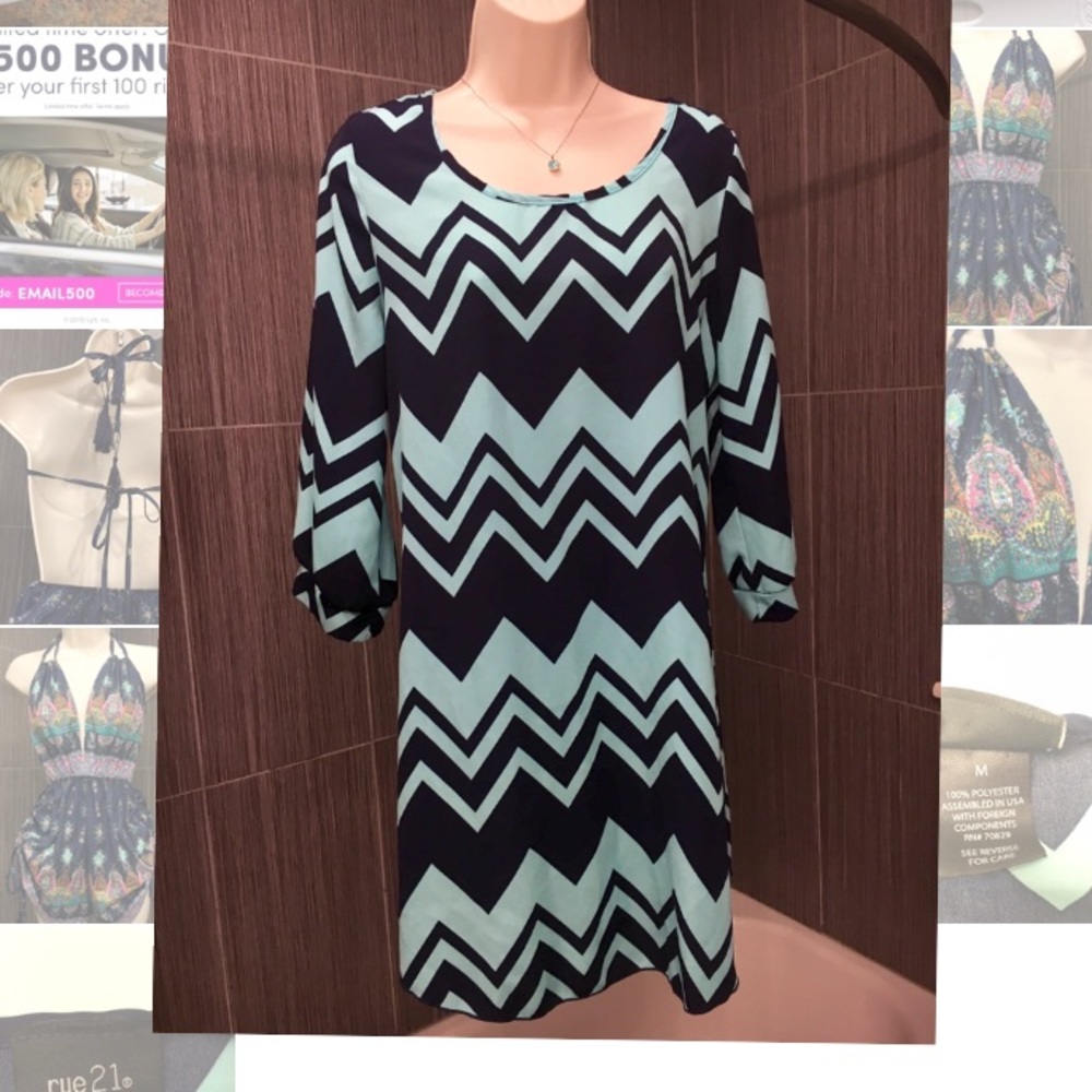 Rue 21 Light Teal and Dark Blue Chevron Dress