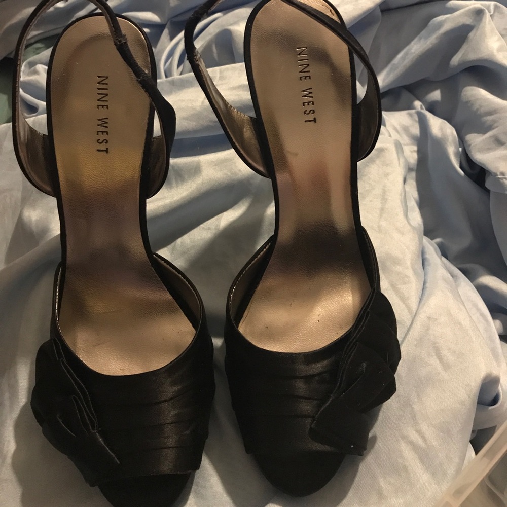 Black Satin sling back evening shoes.