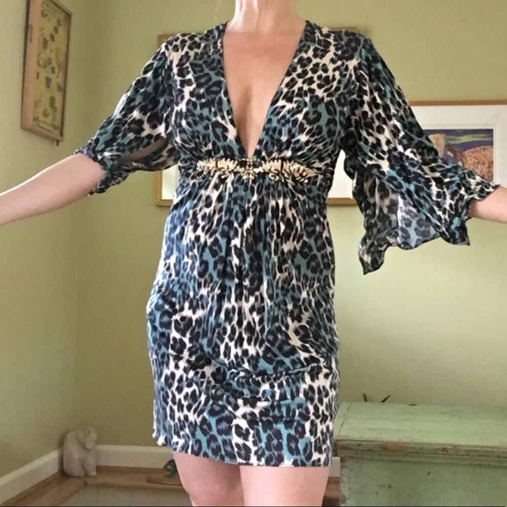 Sky leopard plunge neck dress