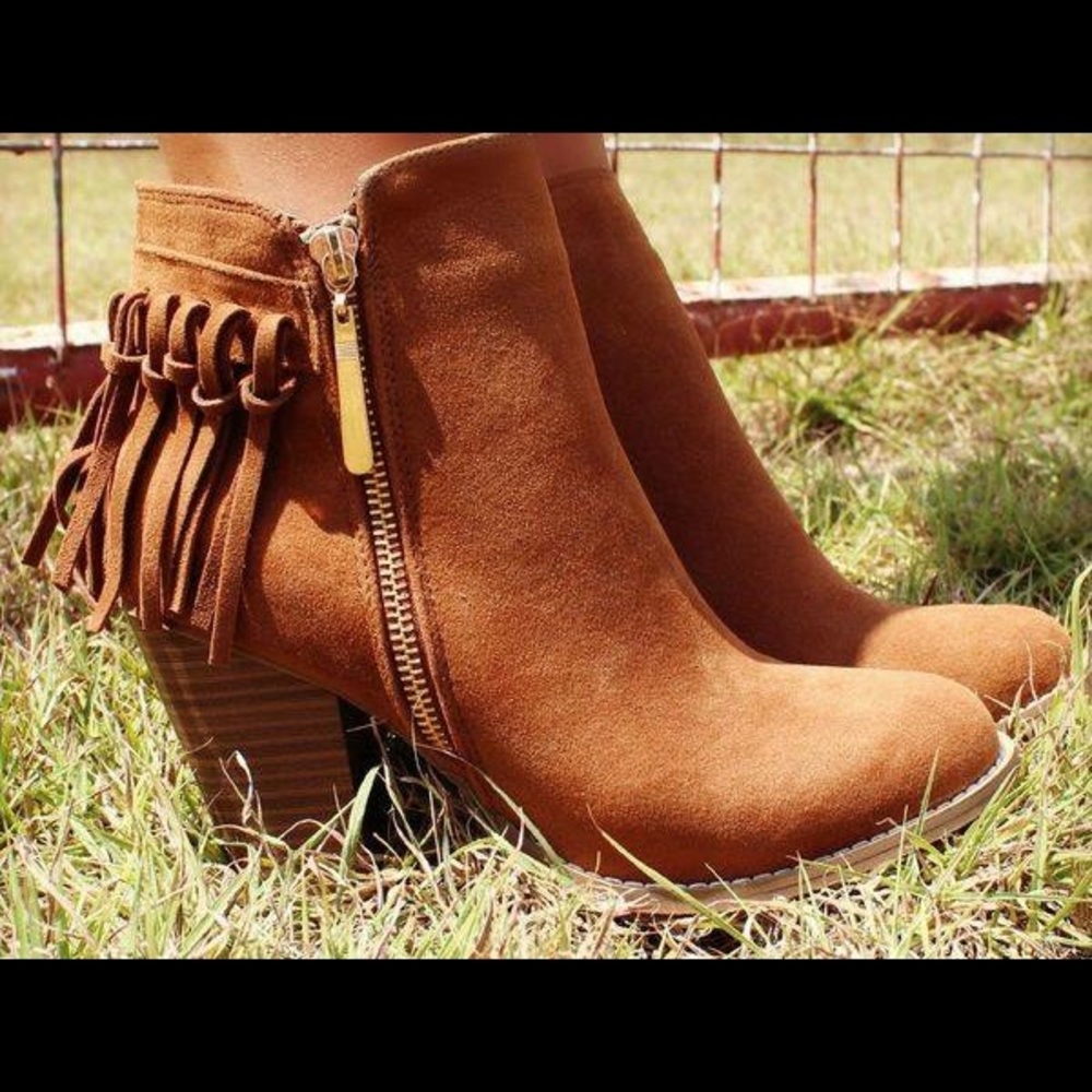 Brown fringe booties