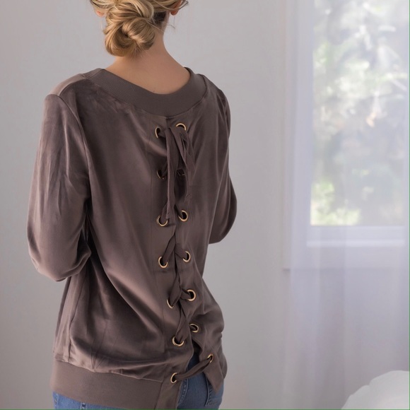 Lace Up Velour Sweatshirt - Picture 2 of 8