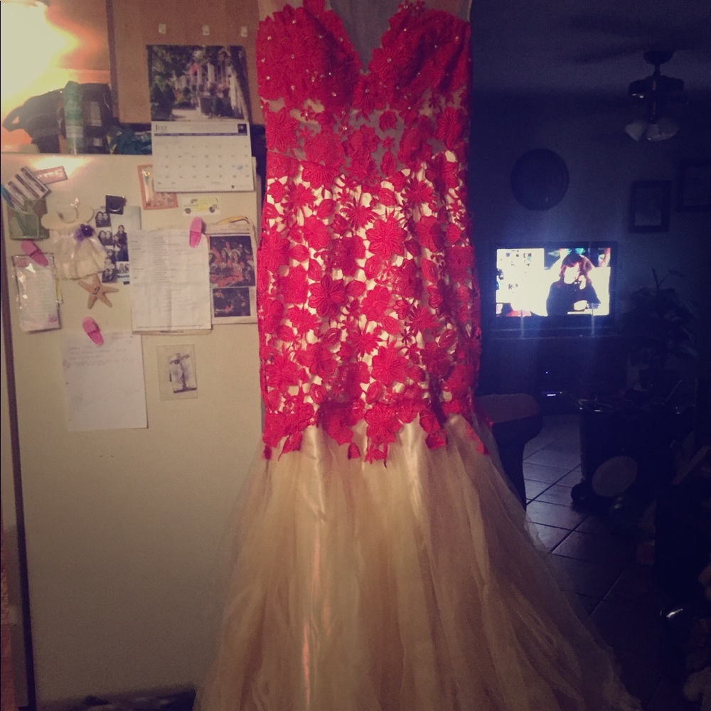 Mermaid style red and beige prom dress