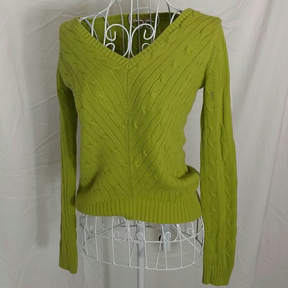 Green cotton v-neck cable knit sweater XS - Picture 2 of 5