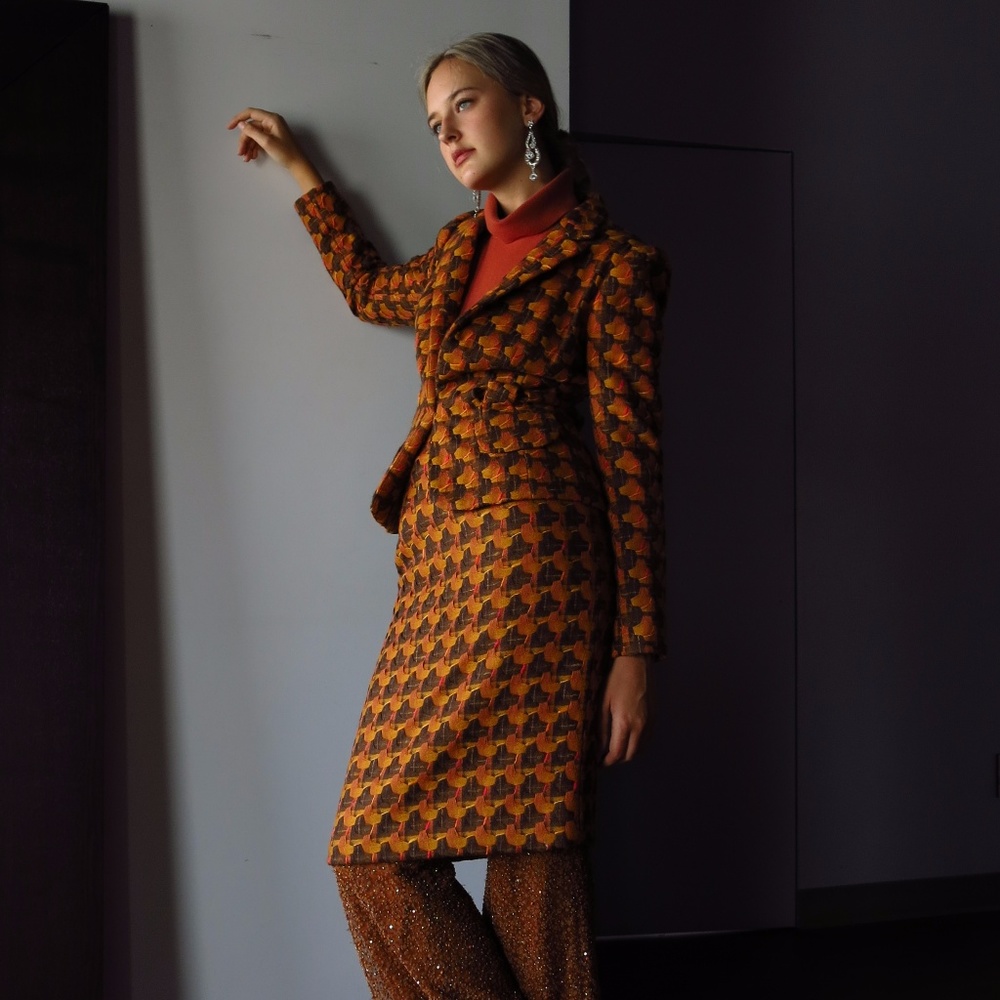 Orange Tweed Business Blazer and Skirt