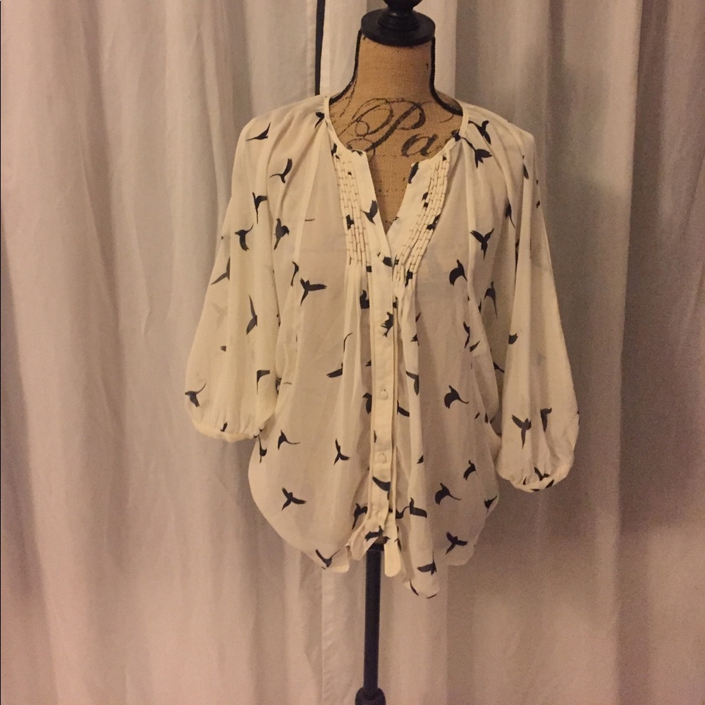 Hummingbird Print Chiffon Ruffle Top