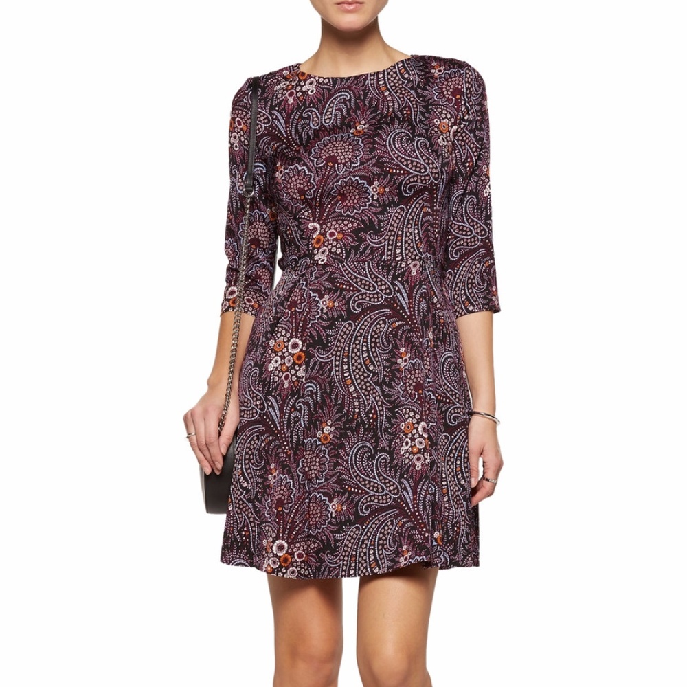 3/4 Sleeve Pleated Printed Stretch-Silk Mini Dress