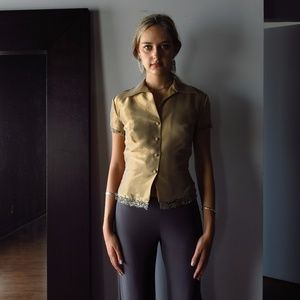 Gold Metallic Sequin Trim Button-Up Blouse