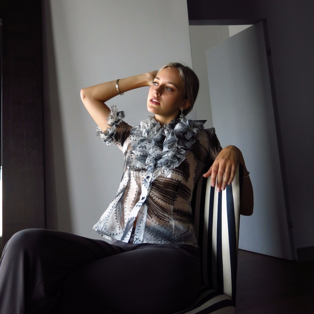 Black and White Patterned Ruffle Blouse