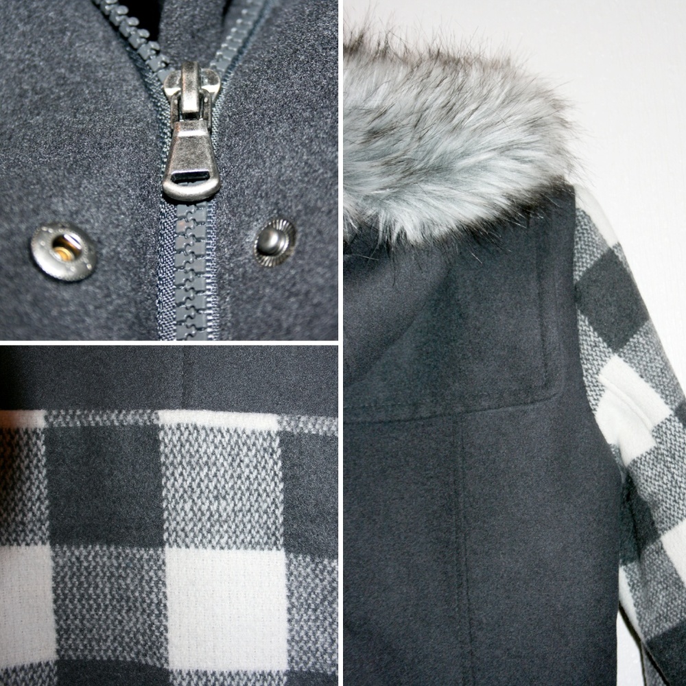 Contrast Plaid Fur Trimmed Hooded Wool Coat NWT - Picture 6 of 8