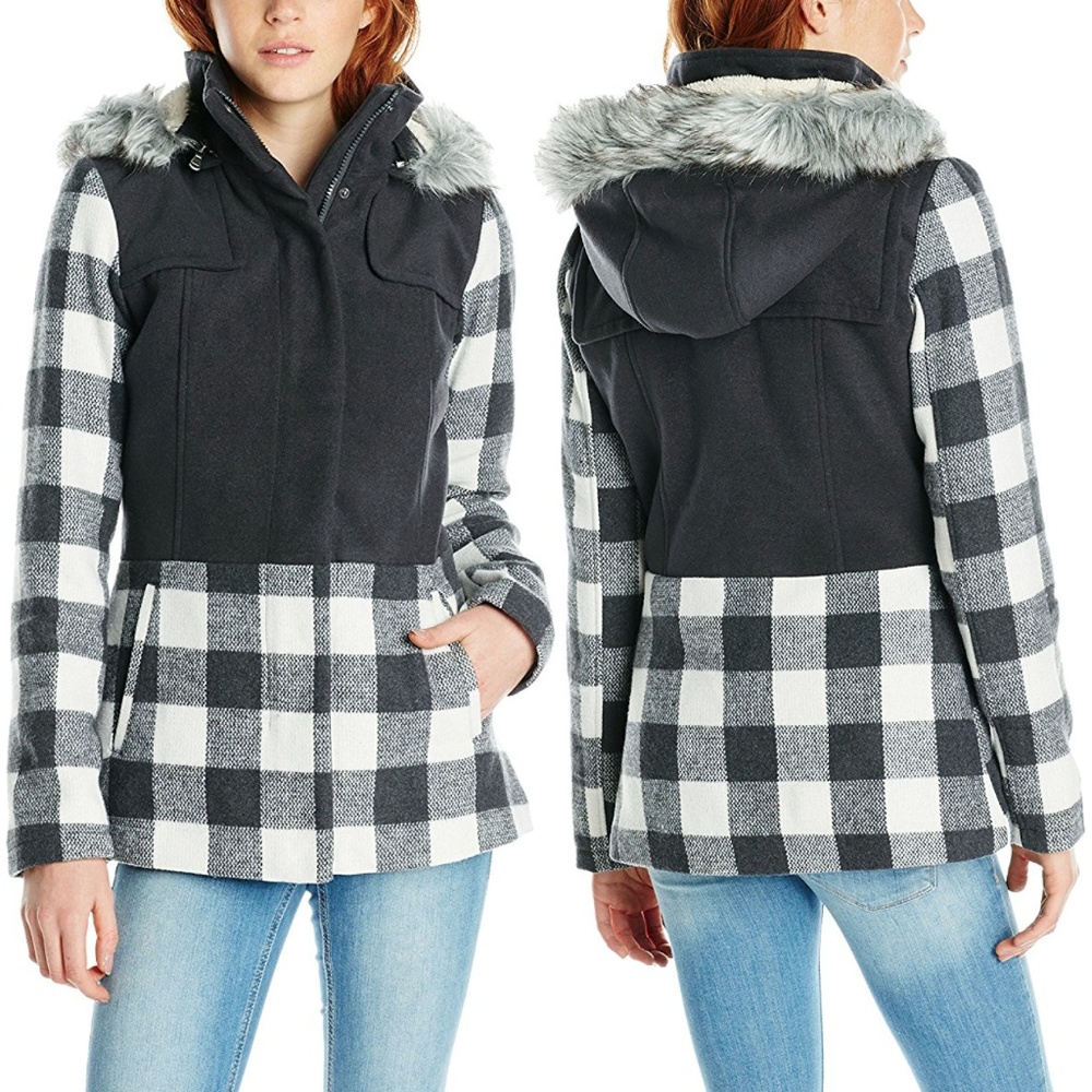 Contrast Plaid Fur Trimmed Hooded Wool Coat NWT - Picture 2 of 8