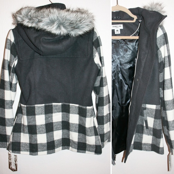 Contrast Plaid Fur Trimmed Hooded Wool Coat NWT - Picture 5 of 8