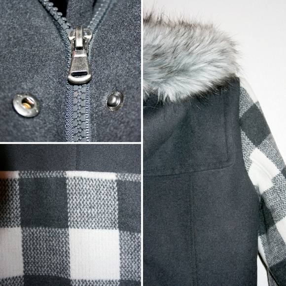 Contrast Plaid Fur Trimmed Hooded Wool Coat NWT - Picture 6 of 8