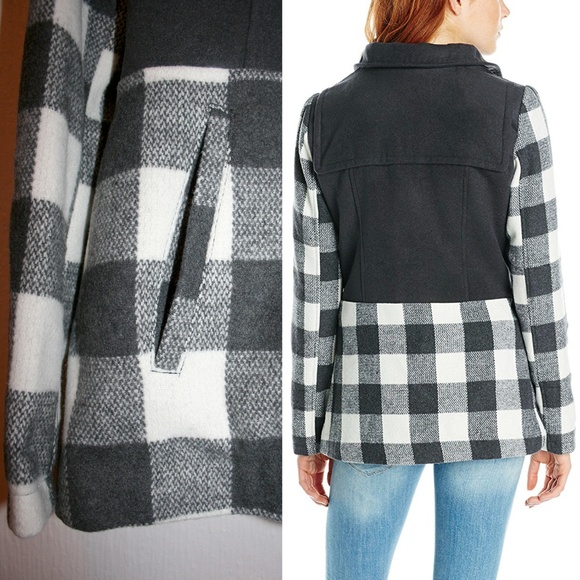 Contrast Plaid Fur Trimmed Hooded Wool Coat NWT - Picture 3 of 8