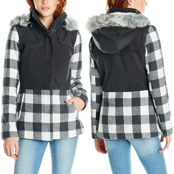 Contrast Plaid Fur Trimmed Hooded Wool Coat NWT - Picture 2 of 8