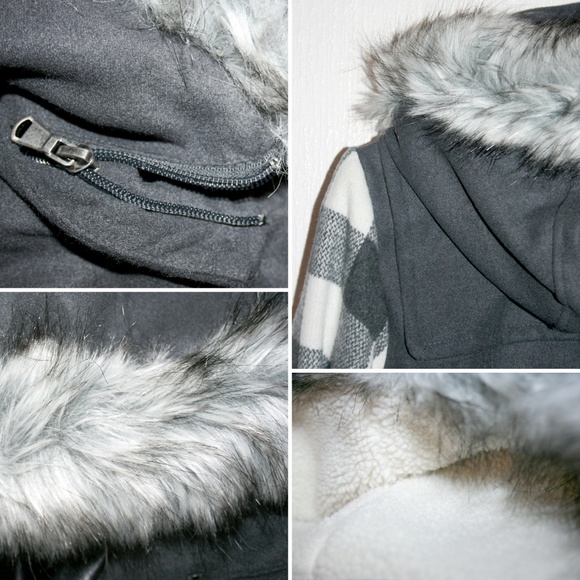 Contrast Plaid Fur Trimmed Hooded Wool Coat NWT - Picture 7 of 8